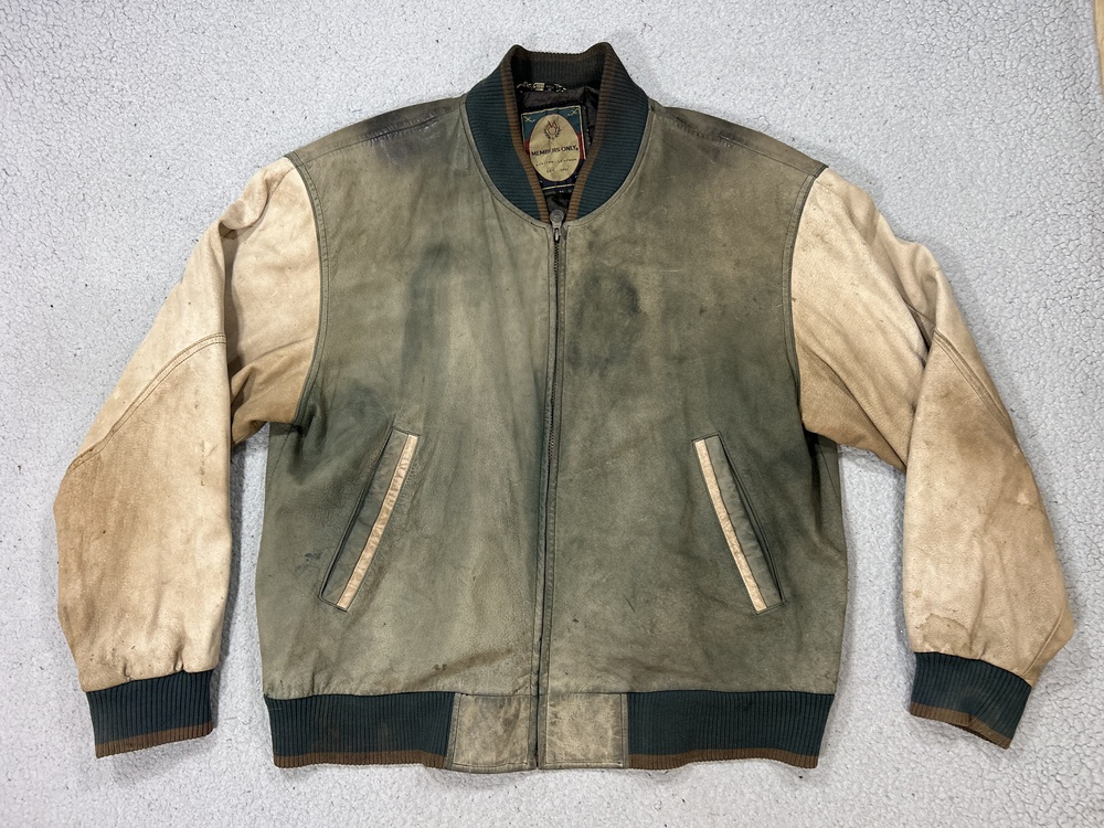 Members Only Jacket Mens Big 1X Green Leather Bomber Full Zip Patina Distressed